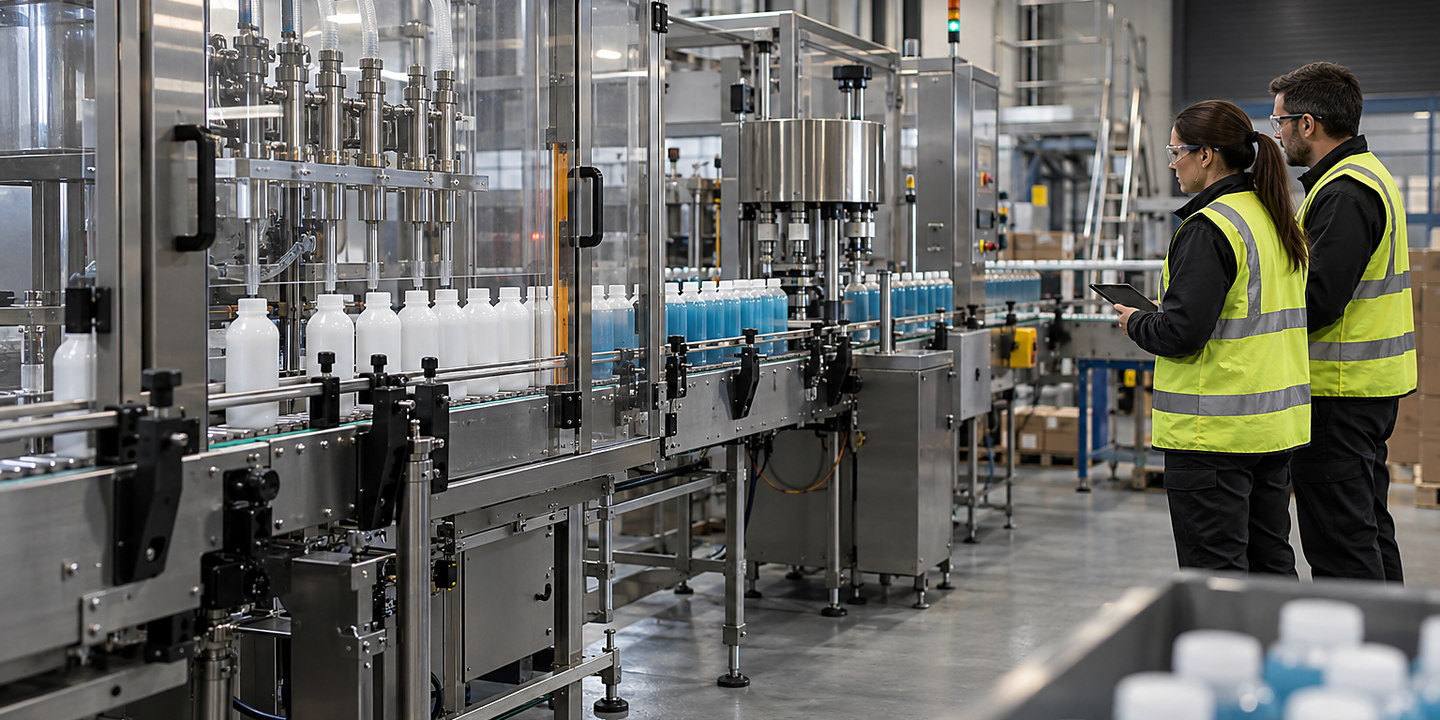 Warm honey being filled into glass jars on a stainless line, showing heated product path, anti-drip nozzles and operators monitoring discharge.